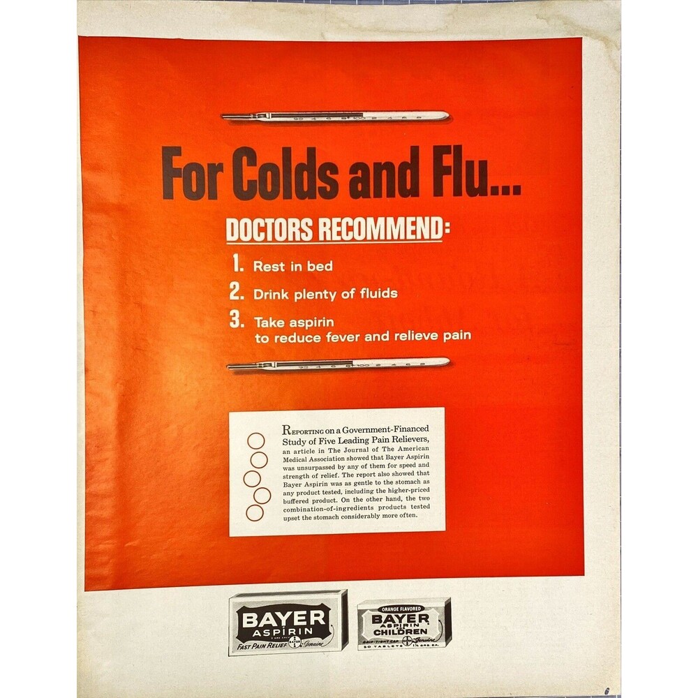 Bayer Aspirin "For Cold and Flu..." Vintage Print Ad 1963